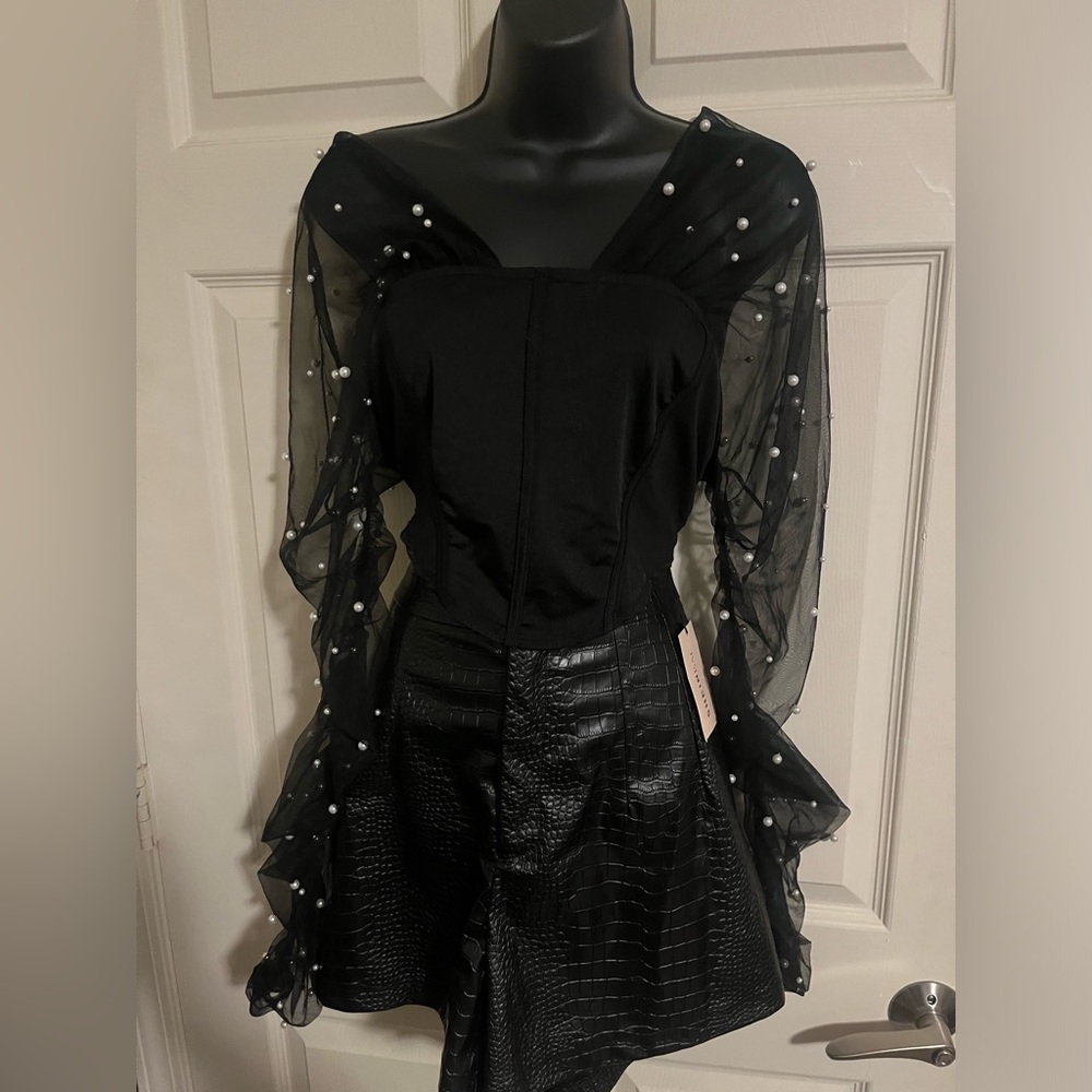 NWT SHEIN BAE sheer black pearl top Large
